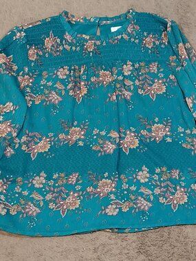 S C Society/Blouse Top/Women Large Teal Floral Sheer Chiffon Boho Romantic Style